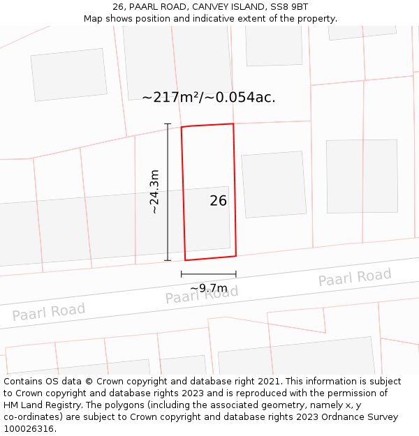 26, PAARL ROAD, CANVEY ISLAND, SS8 9BT: Plot and title map