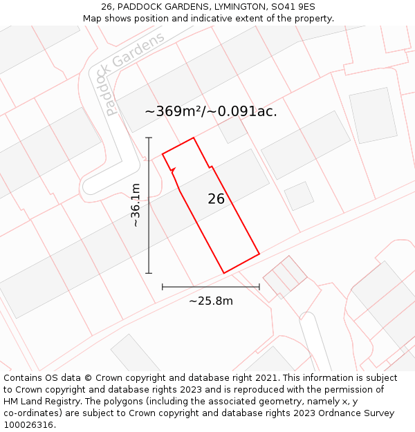 26, PADDOCK GARDENS, LYMINGTON, SO41 9ES: Plot and title map