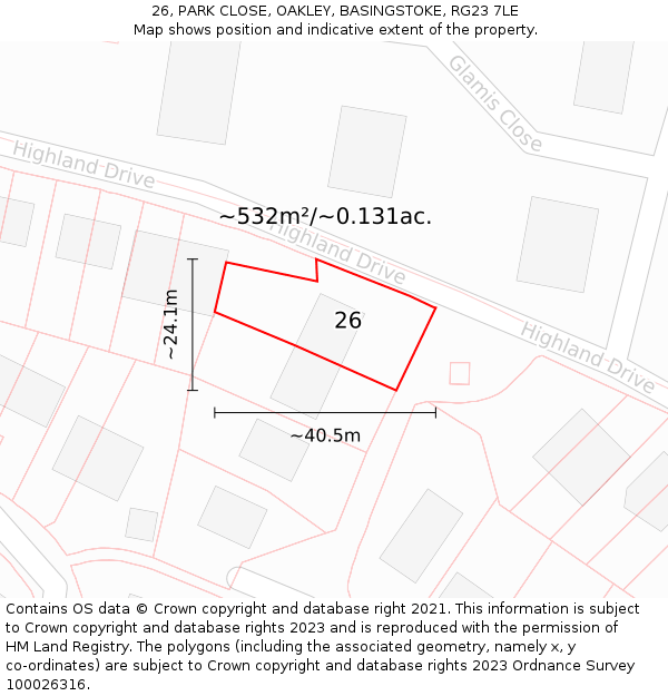 26, PARK CLOSE, OAKLEY, BASINGSTOKE, RG23 7LE: Plot and title map