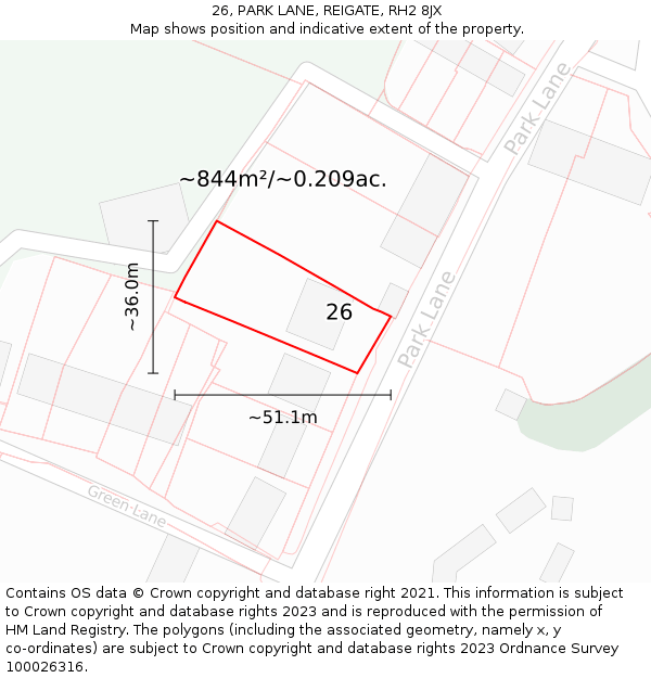 26, PARK LANE, REIGATE, RH2 8JX: Plot and title map