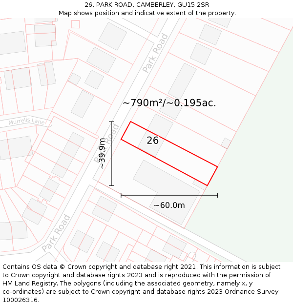 26, PARK ROAD, CAMBERLEY, GU15 2SR: Plot and title map