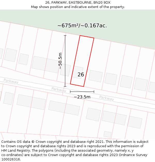 26, PARKWAY, EASTBOURNE, BN20 9DX: Plot and title map