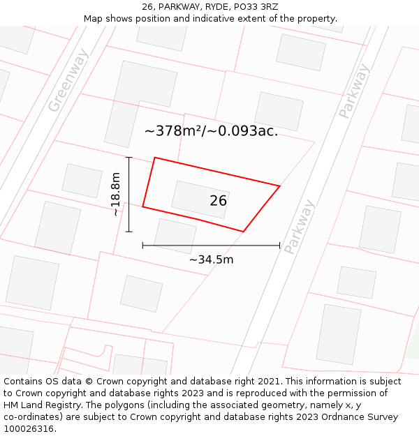 26, PARKWAY, RYDE, PO33 3RZ: Plot and title map