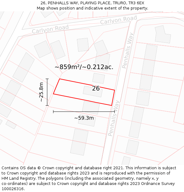 26, PENHALLS WAY, PLAYING PLACE, TRURO, TR3 6EX: Plot and title map