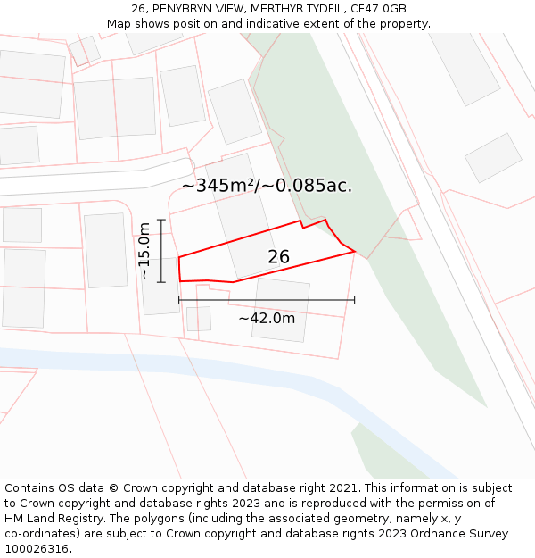 26, PENYBRYN VIEW, MERTHYR TYDFIL, CF47 0GB: Plot and title map