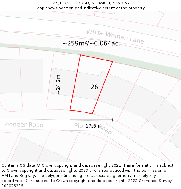 26, PIONEER ROAD, NORWICH, NR6 7PA: Plot and title map