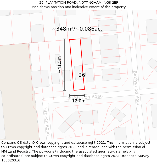 26, PLANTATION ROAD, NOTTINGHAM, NG8 2ER: Plot and title map