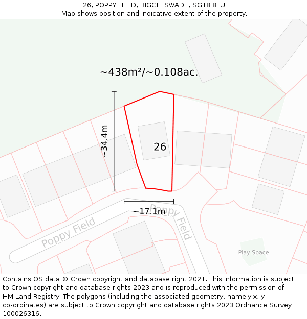 26, POPPY FIELD, BIGGLESWADE, SG18 8TU: Plot and title map