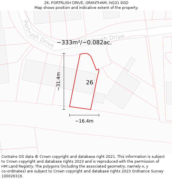 26, PORTRUSH DRIVE, GRANTHAM, NG31 9GD: Plot and title map