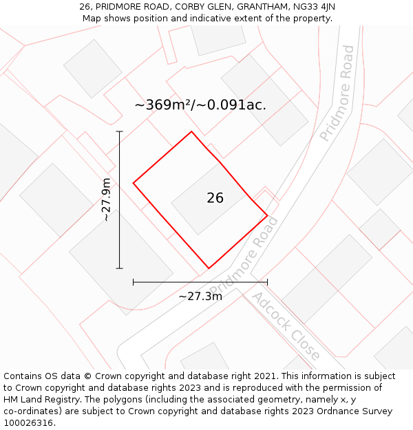 26, PRIDMORE ROAD, CORBY GLEN, GRANTHAM, NG33 4JN: Plot and title map