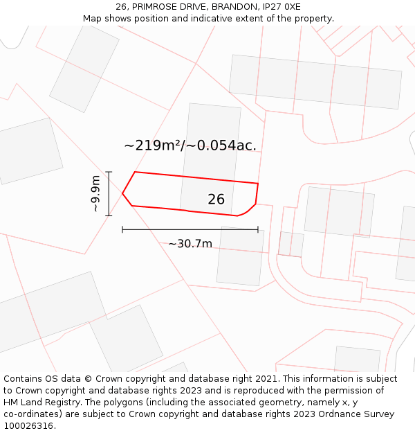 26, PRIMROSE DRIVE, BRANDON, IP27 0XE: Plot and title map