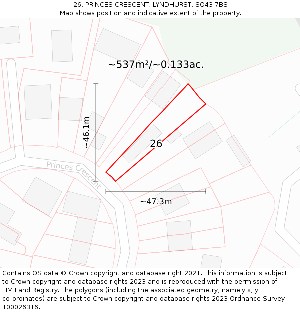 26, PRINCES CRESCENT, LYNDHURST, SO43 7BS: Plot and title map