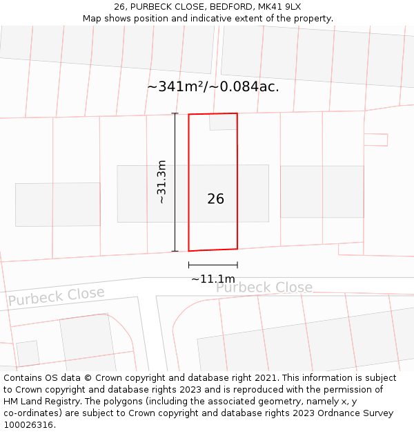 26, PURBECK CLOSE, BEDFORD, MK41 9LX: Plot and title map