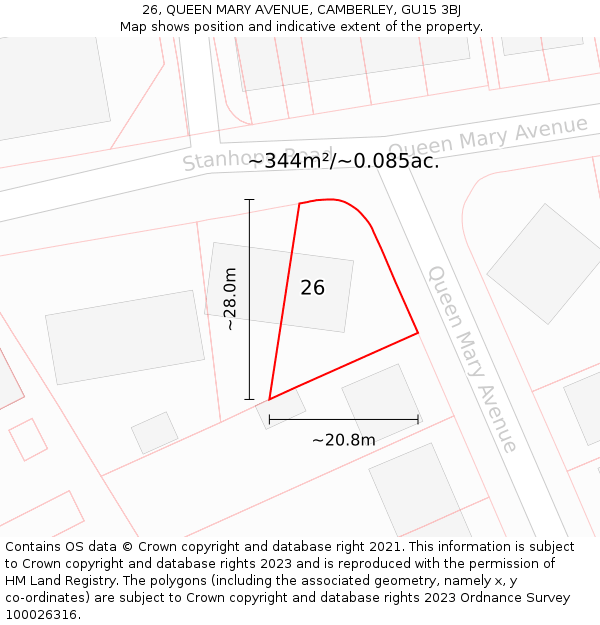 26, QUEEN MARY AVENUE, CAMBERLEY, GU15 3BJ: Plot and title map