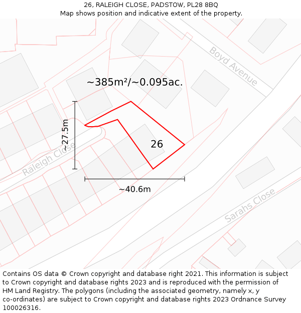 26, RALEIGH CLOSE, PADSTOW, PL28 8BQ: Plot and title map