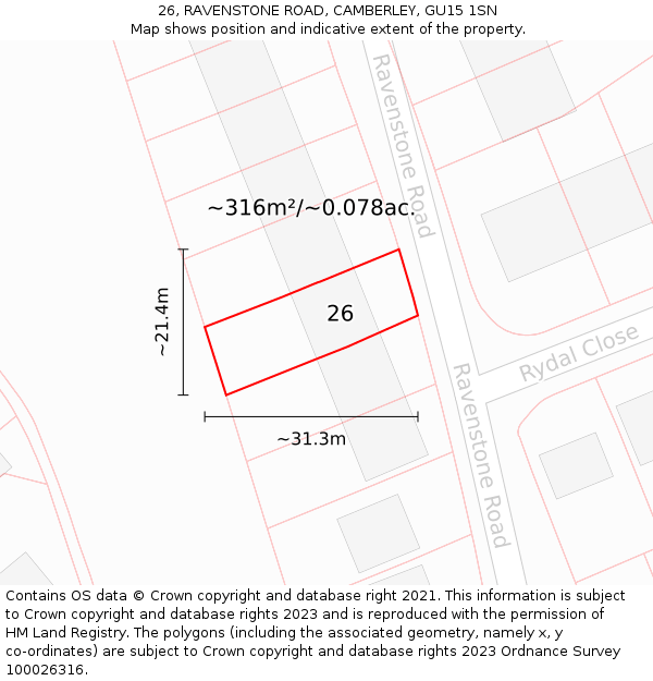26, RAVENSTONE ROAD, CAMBERLEY, GU15 1SN: Plot and title map