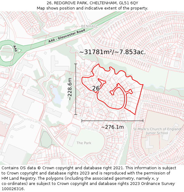 26, REDGROVE PARK, CHELTENHAM, GL51 6QY: Plot and title map