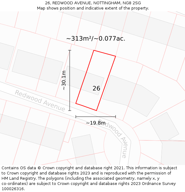 26, REDWOOD AVENUE, NOTTINGHAM, NG8 2SG: Plot and title map