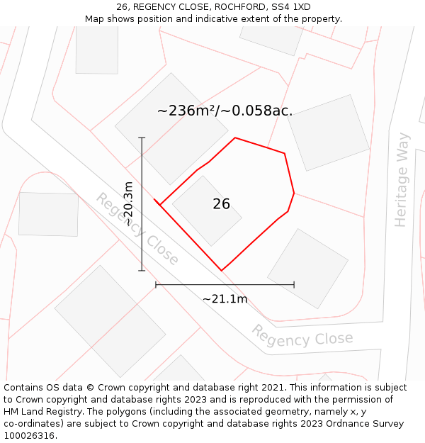 26, REGENCY CLOSE, ROCHFORD, SS4 1XD: Plot and title map