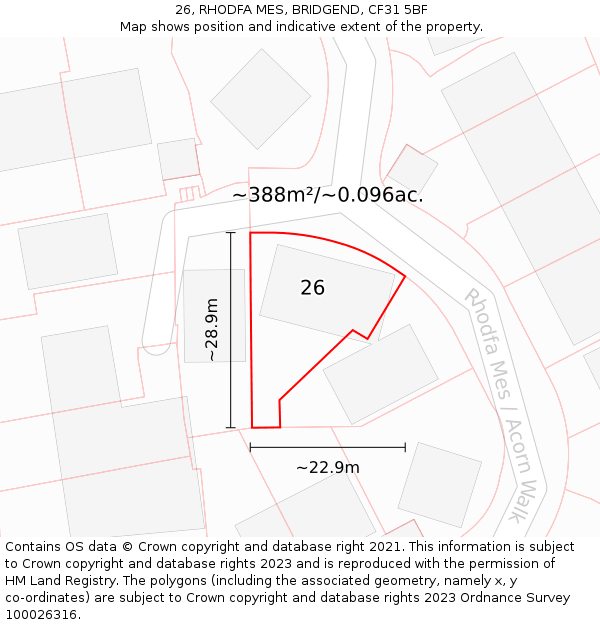 26, RHODFA MES, BRIDGEND, CF31 5BF: Plot and title map