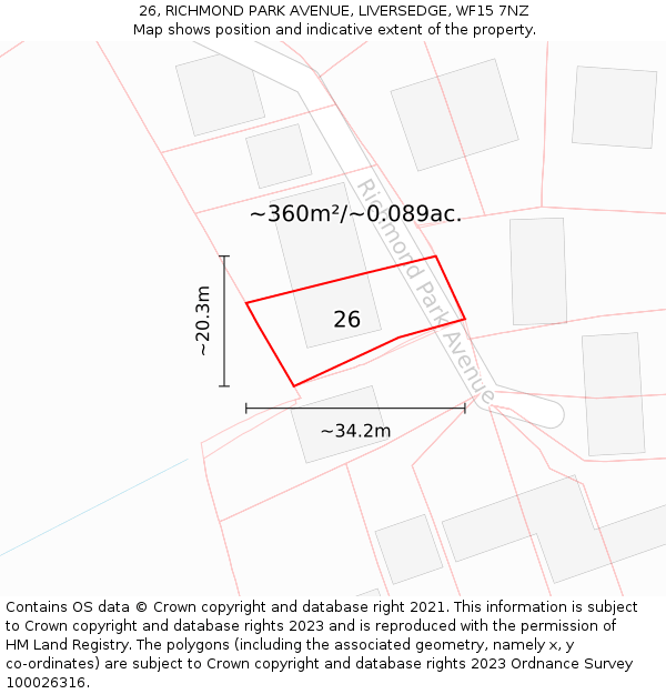 26, RICHMOND PARK AVENUE, LIVERSEDGE, WF15 7NZ: Plot and title map