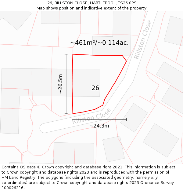 26, RILLSTON CLOSE, HARTLEPOOL, TS26 0PS: Plot and title map