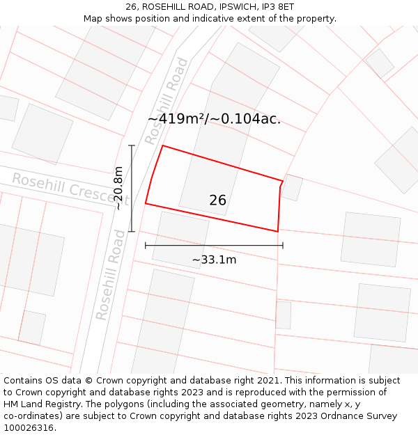 26, ROSEHILL ROAD, IPSWICH, IP3 8ET: Plot and title map