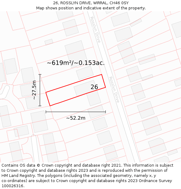 26, ROSSLYN DRIVE, WIRRAL, CH46 0SY: Plot and title map