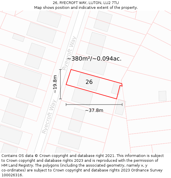 26, RYECROFT WAY, LUTON, LU2 7TU: Plot and title map