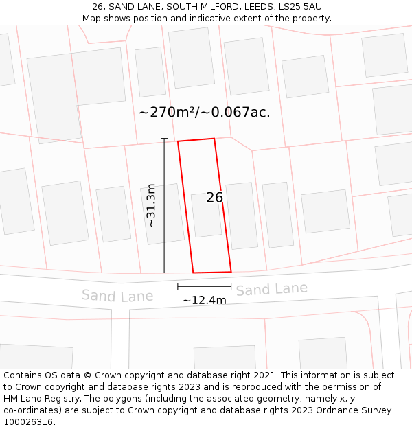 26, SAND LANE, SOUTH MILFORD, LEEDS, LS25 5AU: Plot and title map