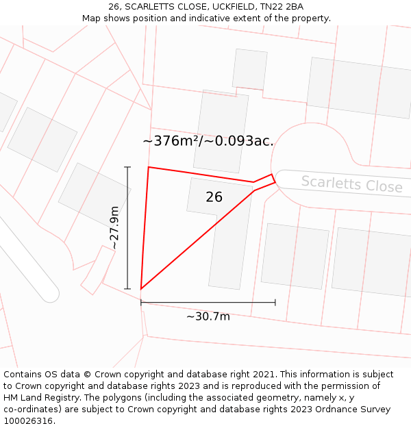 26, SCARLETTS CLOSE, UCKFIELD, TN22 2BA: Plot and title map