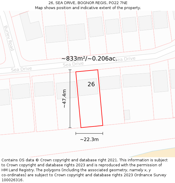 26, SEA DRIVE, BOGNOR REGIS, PO22 7NE: Plot and title map