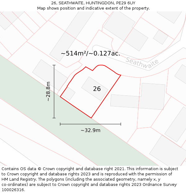 26, SEATHWAITE, HUNTINGDON, PE29 6UY: Plot and title map