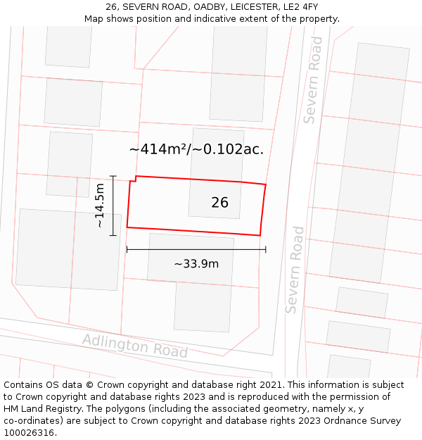 26, SEVERN ROAD, OADBY, LEICESTER, LE2 4FY: Plot and title map