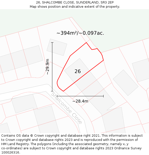 26, SHALCOMBE CLOSE, SUNDERLAND, SR3 2EP: Plot and title map