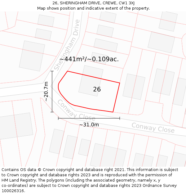 26, SHERINGHAM DRIVE, CREWE, CW1 3XJ: Plot and title map