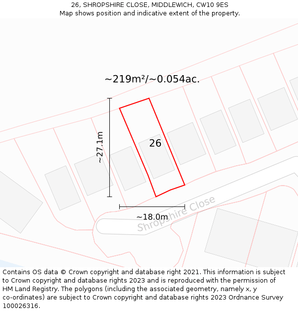 26, SHROPSHIRE CLOSE, MIDDLEWICH, CW10 9ES: Plot and title map