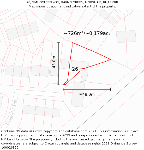 26, SMUGGLERS WAY, BARNS GREEN, HORSHAM, RH13 0PP: Plot and title map