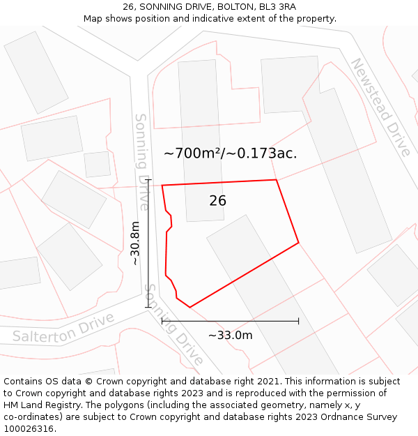 26, SONNING DRIVE, BOLTON, BL3 3RA: Plot and title map