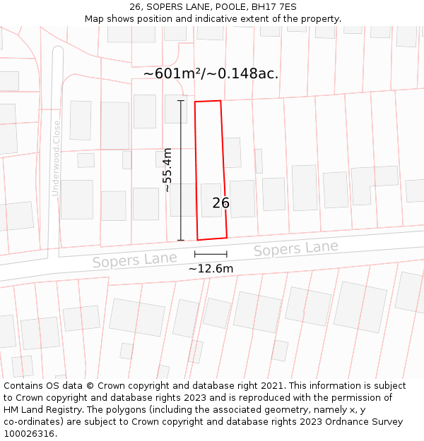 26, SOPERS LANE, POOLE, BH17 7ES: Plot and title map