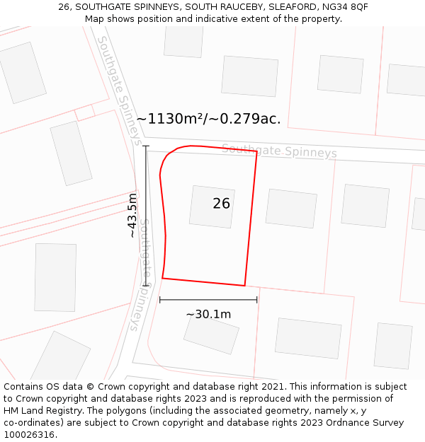 26, SOUTHGATE SPINNEYS, SOUTH RAUCEBY, SLEAFORD, NG34 8QF: Plot and title map