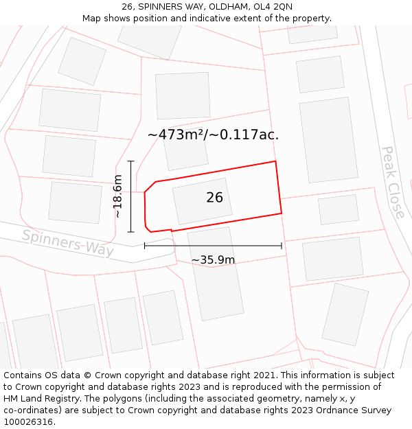26, SPINNERS WAY, OLDHAM, OL4 2QN: Plot and title map