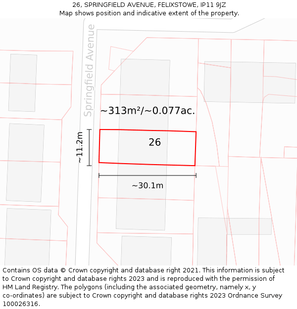 26, SPRINGFIELD AVENUE, FELIXSTOWE, IP11 9JZ: Plot and title map