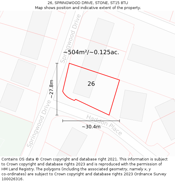 26, SPRINGWOOD DRIVE, STONE, ST15 8TU: Plot and title map