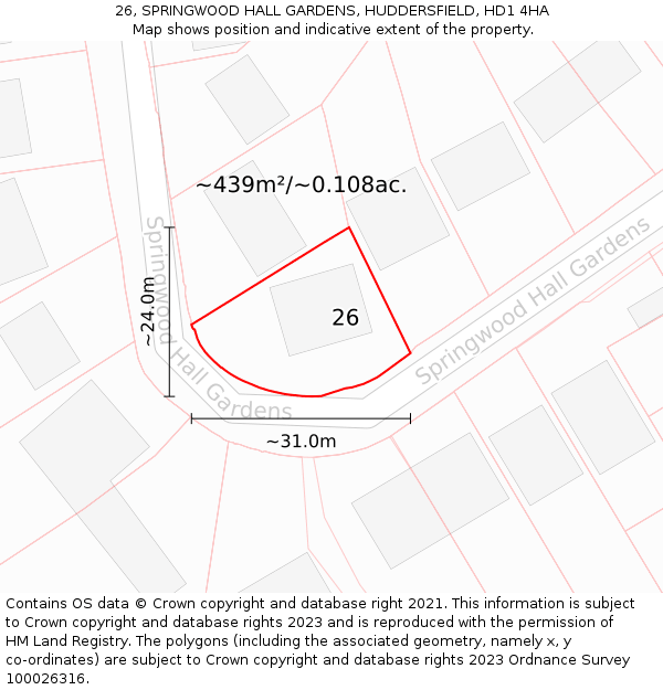 26, SPRINGWOOD HALL GARDENS, HUDDERSFIELD, HD1 4HA: Plot and title map