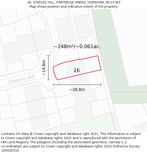 26, STAPLES HILL, PARTRIDGE GREEN, HORSHAM, RH13 8LF: Plot and title map