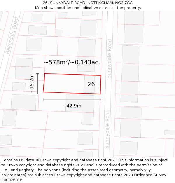 26, SUNNYDALE ROAD, NOTTINGHAM, NG3 7GG: Plot and title map