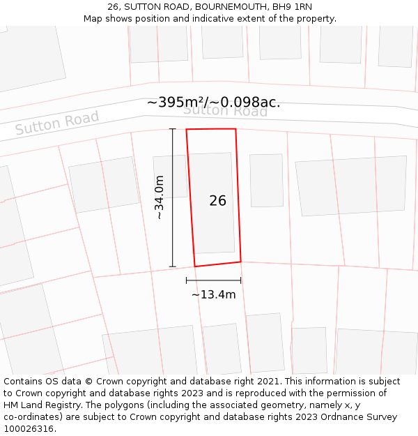 26, SUTTON ROAD, BOURNEMOUTH, BH9 1RN: Plot and title map