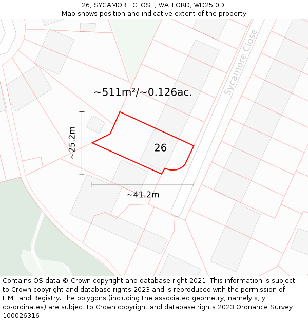 26, SYCAMORE CLOSE, WATFORD, WD25 0DF: Plot and title map