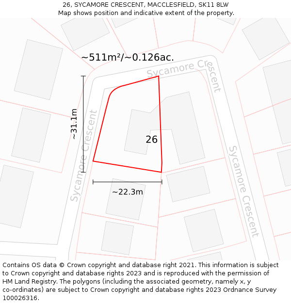 26, SYCAMORE CRESCENT, MACCLESFIELD, SK11 8LW: Plot and title map